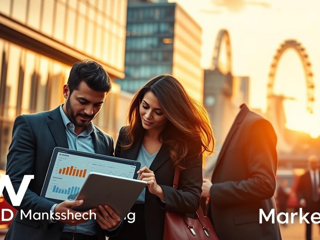 A bustling London street scene at sunset, showcasing iconic landmarks like the Tower Bridge and the London Eye. In the foreground, a diverse group of three professionals in business attire intensely collaborates over a digital tablet displaying SEO analytics and keyword research data. In the middle ground, a stylish modern office building with large glass windows reflects the warm golden light of the setting sun, symbolizing innovation and business growth. The background features a blurred view of London’s skyline, creating a dynamic yet focused atmosphere, emphasizing the importance of high-intent keyword research for local businesses. The image should have a vibrant, optimistic mood, highlighting the potential for success through effective SEO strategies. Include the brand name "WD Marketing" subtly integrated into the scene, ensuring a clean, professional appearance without text overlays.