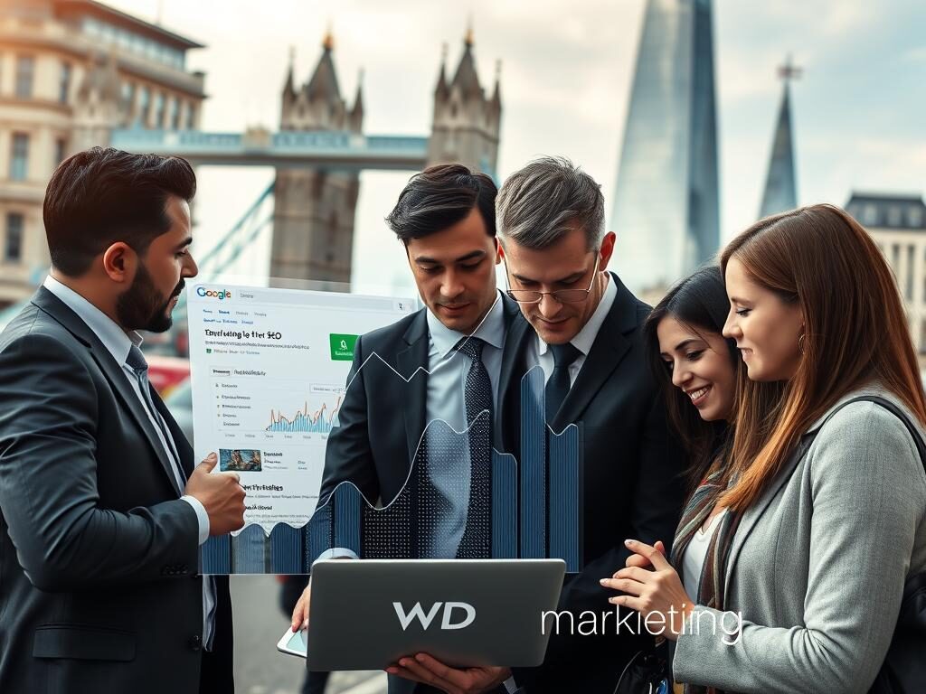 A bustling London street scene showcasing iconic landmarks like the Tower Bridge and the Shard in the background. In the foreground, a group of diverse professionals in formal business attire, engaged in a discussion over a laptop displaying a Google search results page, highlighting top rankings. The middle ground features a digital overlay of rising graph lines and search engine analytics, symbolizing SEO success and growth. The atmosphere is energetic and optimistic, with soft morning light illuminating the scene, creating a sense of hope and ambition. The overall mood encapsulates the drive for digital marketing excellence, featuring the brand name "WD Marketing" subtly integrated into the image elements, without any text overlays.