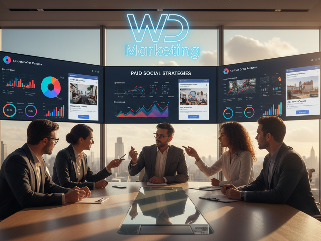 A modern office environment featuring a diverse team of professionals engaged in a brainstorming session about "paid social" strategies, illustrated with vibrant visuals of Facebook Ads on digital screens. In the foreground, a confident, diverse group of individuals in professional business attire discuss ideas around a sleek, contemporary conference table. The middle layer shows digital displays featuring dynamic graphs and social media analytics related to London businesses. In the background, large windows reveal a panoramic view of London's iconic skyline, bathed in warm afternoon sunlight. The atmosphere conveys collaboration and innovation, emphasizing the importance of paid social marketing. Above the table, a subtle floating logo for "WD Marketing" adds branding without distraction. The image is captured with a wide-angle lens, enhancing depth, and a clear focus on the team’s engagement.