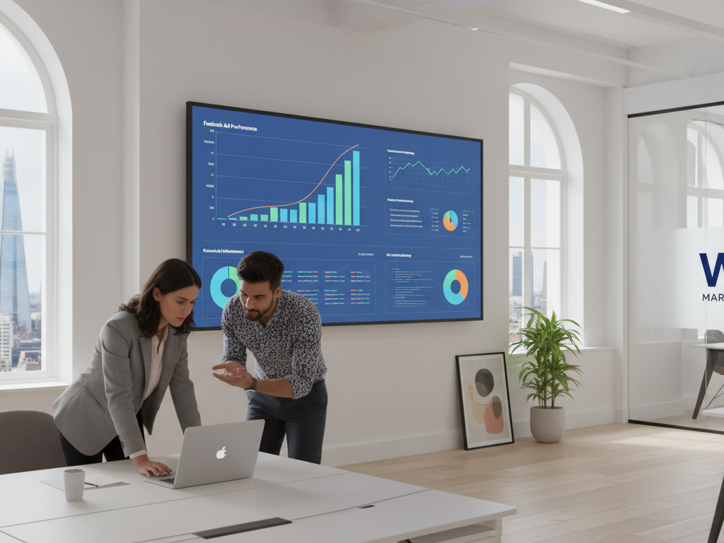 A modern office environment in London showcasing a diverse team of professionals engaged in Facebook ads management. In the foreground, feature a focused woman in professional attire analyzing Facebook ad metrics on a sleek laptop, while a man in smart casual clothing discusses strategy with her. The middle ground should include a large digital screen displaying colorful graphs and analytics related to Facebook ads. The background reveals a bright, airy office space with panoramic views of London, sunlight filtering through large windows, and minimalist decor. The atmosphere is dynamic and collaborative, emphasizing creativity and expertise in social media marketing. The brand "WD Marketing" is subtly represented through contemporary design elements in the workspace. The lighting is soft yet vibrant, creating an inspiring and productive ambiance.