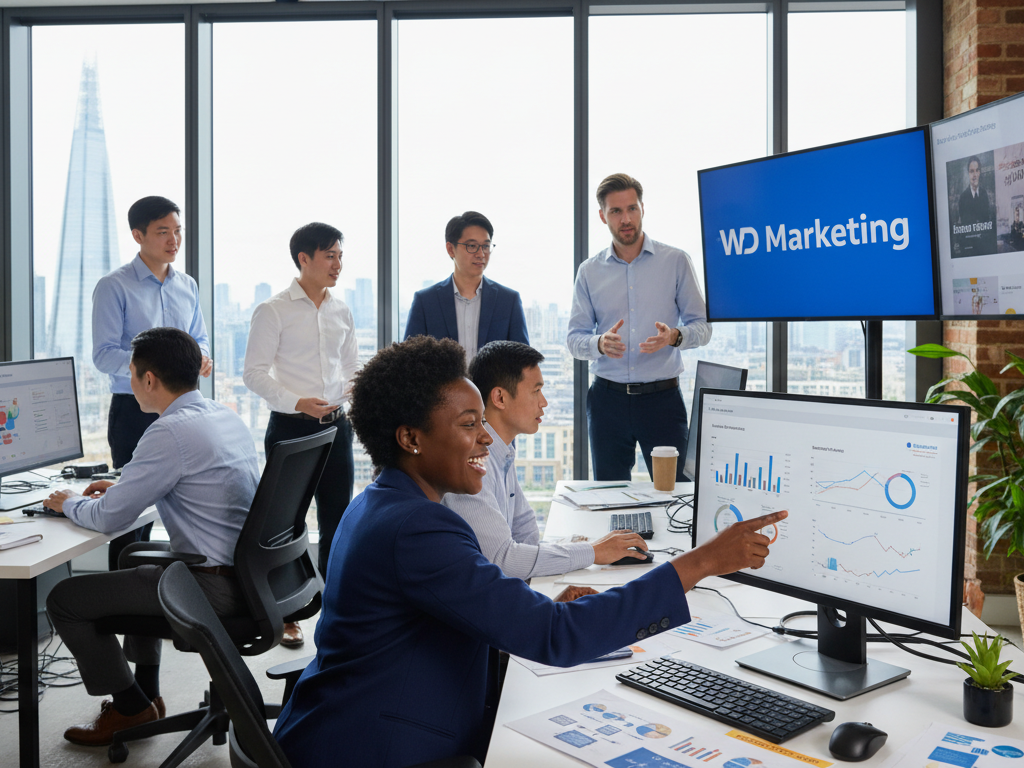 A modern office environment showcasing a Meta ads agency in London, featuring a diverse team of professionals in business attire collaborating over digital advertising visuals on computer screens. In the foreground, a focus on a smiling professional analyzing Facebook Ads performance metrics, surrounded by design prototypes and marketing strategy documents. The middle layer includes a large monitor displaying the logo "WD Marketing" alongside creative ad designs. In the background, sleek glass windows reveal the bustling London skyline, with a hint of iconic landmarks. Bright, natural lighting pours in, creating a vibrant and focused atmosphere that contrasts the high-tech elements with an inviting workspace. The composition suggests the advantages of working with an expert agency versus the DIY approach to digital marketing.