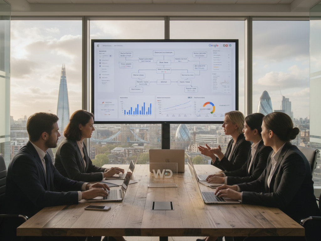 A modern office environment showcasing a digital marketing strategy meeting. In the foreground, a well-dressed team of diverse professionals engaged in discussion, with laptops open displaying Google Ads dashboards and campaign performance graphs. In the middle ground, a large screen illustrates various PPC strategies and metrics linked to Google Ads services. Behind them, a stylish London skyline can be seen through a large window, with iconic landmarks such as the Shard and Tower Bridge. Soft, natural lighting streams in, creating a productive and focused atmosphere. The branding "WD Marketing" subtly integrated into the room’s decor reinforces their expertise in Google Ads. Emphasize a sense of collaboration and high performance.