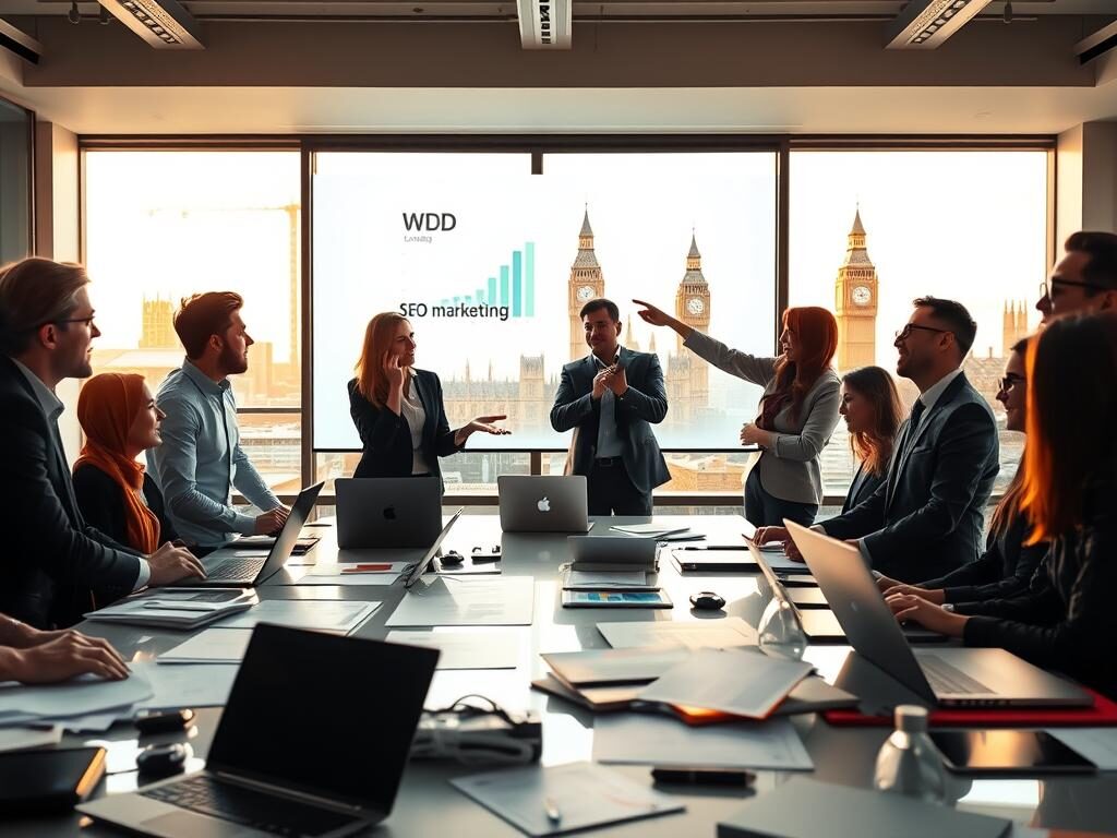 A modern office setting in London, showcasing a diverse group of professionals engaged in strategic discussions about SEO services. In the foreground, a conference table is cluttered with laptops, SEO analytics reports, and digital devices, reflecting a collaborative atmosphere. In the middle ground, a large window reveals the iconic London skyline, including landmarks like the Shard and Big Ben, bathed in warm afternoon sunlight. The professionals, dressed in smart business attire, are animatedly brainstorming, pointing at graphs projected onto a screen displaying the brand name "WD Marketing." The lighting is bright and inviting, creating a sense of innovation and expertise. This image should convey the dynamic and professional nature of an SEO agency in London, emphasizing teamwork and strategic planning. A modern office setting in London, showcasing a diverse group of professionals engaged in strategic discussions about SEO services. In the foreground, a conference table is cluttered with laptops, SEO analytics reports, and digital devices, reflecting a collaborative atmosphere. In the middle ground, a large window reveals the iconic London skyline, including landmarks like the Shard and Big Ben, bathed in warm afternoon sunlight. The professionals, dressed in smart business attire, are animatedly brainstorming, pointing at graphs projected onto a screen displaying the brand name "WD Marketing." The lighting is bright and inviting, creating a sense of innovation and expertise. This image should convey the dynamic and professional nature of an SEO agency in London, emphasizing teamwork and strategic planning.