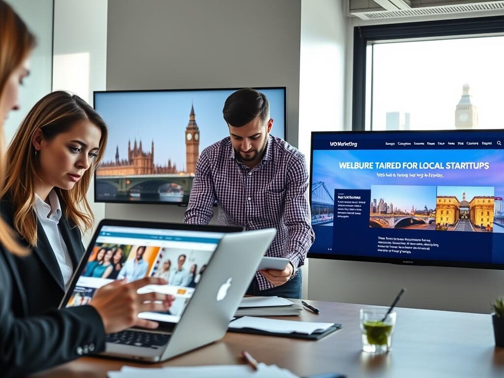 A modern office space in London showcasing a diverse team collaborating on web design projects for small businesses. In the foreground, a professional woman in business attire is focused on her laptop, showcasing a vibrant website design on the screen. Beside her, a male colleague sketches ideas on a digital tablet. The middle layer features a large wall-mounted screen displaying a modern website mockup, highlighting features tailored for local startups. The background reveals a window with a view of London’s skyline, filled with historic and contemporary architecture, under soft afternoon sunlight. The atmosphere is dynamic and professional, conveying creativity and collaboration in the workspace. The brand name “WD Marketing” is subtly represented on the laptop screen, emphasizing web design expertise. A modern office space in London showcasing a diverse team collaborating on web design projects for small businesses. In the foreground, a professional woman in business attire is focused on her laptop, showcasing a vibrant website design on the screen. Beside her, a male colleague sketches ideas on a digital tablet. The middle layer features a large wall-mounted screen displaying a modern website mockup, highlighting features tailored for local startups. The background reveals a window with a view of London’s skyline, filled with historic and contemporary architecture, under soft afternoon sunlight. The atmosphere is dynamic and professional, conveying creativity and collaboration in the workspace. The brand name “WD Marketing” is subtly represented on the laptop screen, emphasizing web design expertise.