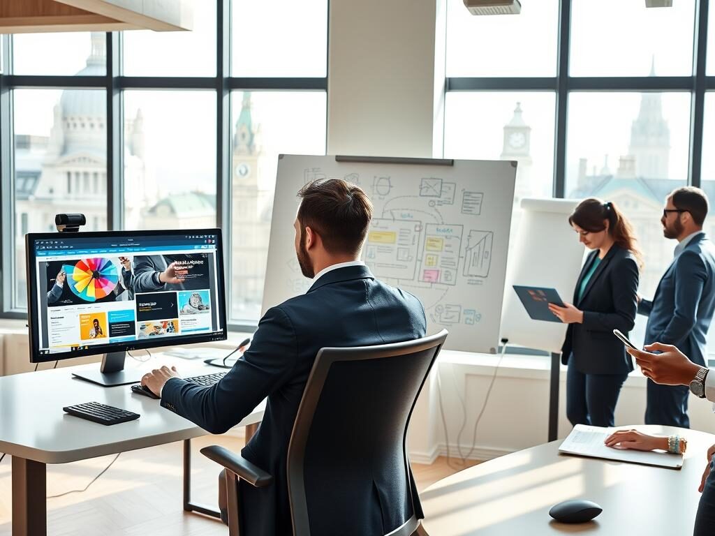 A modern office space showcasing a team of diverse web designers collaborating on a project. In the foreground, a designer works intently at a sleek, minimalist desk featuring dual monitors with vibrant website design mockups. Nearby, a colleague shares ideas on a digital tablet, all dressed in smart business attire. In the middle ground, a large whiteboard displays colorful sketches and wireframes of website layouts, emphasizing creativity and collaboration. The background includes large windows with a view of iconic London architecture bathed in natural light, creating an inviting atmosphere. The scene is bright and professional, capturing the essence of "affordable web design" while showcasing the brand "WD Marketing" subtly positioned within the workspace. The mood is dynamic and inspiring, reflecting innovation and teamwork in web design. A modern office space showcasing a team of diverse web designers collaborating on a project. In the foreground, a designer works intently at a sleek, minimalist desk featuring dual monitors with vibrant website design mockups. Nearby, a colleague shares ideas on a digital tablet, all dressed in smart business attire. In the middle ground, a large whiteboard displays colorful sketches and wireframes of website layouts, emphasizing creativity and collaboration. The background includes large windows with a view of iconic London architecture bathed in natural light, creating an inviting atmosphere. The scene is bright and professional, capturing the essence of "affordable web design" while showcasing the brand "WD Marketing" subtly positioned within the workspace. The mood is dynamic and inspiring, reflecting innovation and teamwork in web design.
