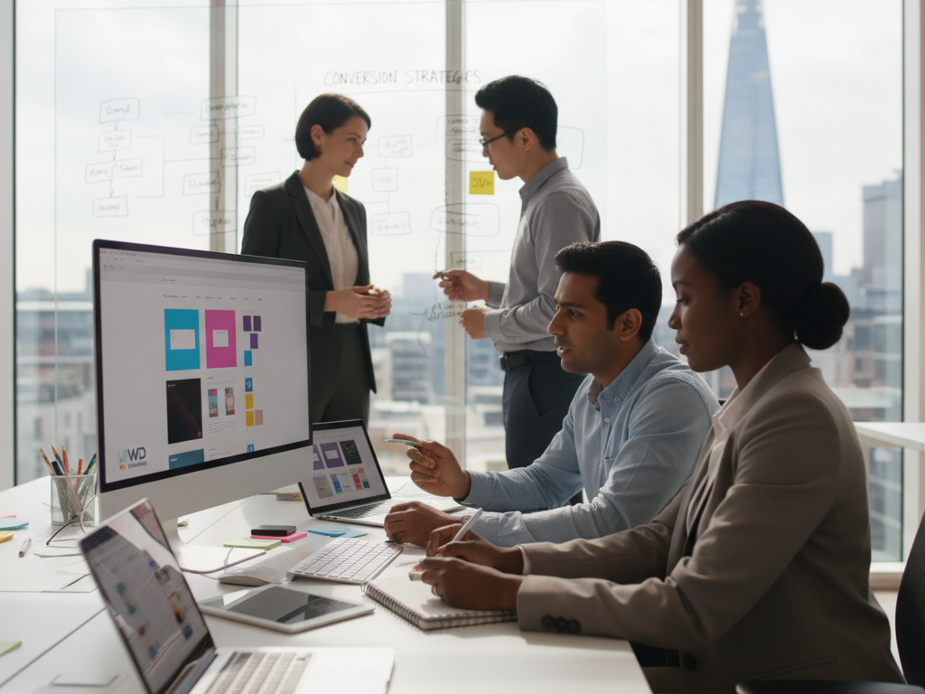 A modern office workspace featuring a team of diverse professionals collaborating on web design. In the foreground, a focused designer in professional attire reviews vibrant website prototypes on a computer screen, while a colleague jots down ideas on a notepad. The middle ground showcases a large whiteboard filled with diagrams and notes about conversion strategies. The background reveals a sleek, bright office with large windows that let in natural light, highlighting a cityscape of London. The mood is energetic and innovative, capturing a sense of teamwork and creativity. Incorporate elements of web design technology, including laptops, digital mockups, and a logo for "WD Marketing" subtly placed in the corner of a screen. The image should be well-lit, with a soft focus on the main subjects to create an inviting atmosphere. A modern office workspace featuring a team of diverse professionals collaborating on web design. In the foreground, a focused designer in professional attire reviews vibrant website prototypes on a computer screen, while a colleague jots down ideas on a notepad. The middle ground showcases a large whiteboard filled with diagrams and notes about conversion strategies. The background reveals a sleek, bright office with large windows that let in natural light, highlighting a cityscape of London. The mood is energetic and innovative, capturing a sense of teamwork and creativity. Incorporate elements of web design technology, including laptops, digital mockups, and a logo for "WD Marketing" subtly placed in the corner of a screen. The image should be well-lit, with a soft focus on the main subjects to create an inviting atmosphere.