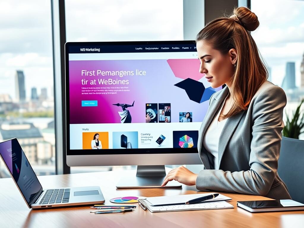 A modern, sleek business website design displayed on a high-resolution computer screen in an upscale London office environment. The foreground features a well-dressed business professional, a young woman in a tailored blazer, intently reviewing vibrant website mockups that exhibit responsive layouts and contemporary aesthetics. In the middle, the stylish desk includes design tools like a laptop, color swatches, and a notepad, emphasizing a creative atmosphere. The background showcases a panoramic view of London’s skyline, with iconic landmarks partially obscured by large, contemporary office windows, allowing natural light to flood the space. The overall mood is one of professionalism and innovation, highlighting the importance of first impressions in business web design. Incorporate the brand name "WD Marketing" featured subtly on the website prototype. A modern, sleek business website design displayed on a high-resolution computer screen in an upscale London office environment. The foreground features a well-dressed business professional, a young woman in a tailored blazer, intently reviewing vibrant website mockups that exhibit responsive layouts and contemporary aesthetics. In the middle, the stylish desk includes design tools like a laptop, color swatches, and a notepad, emphasizing a creative atmosphere. The background showcases a panoramic view of London’s skyline, with iconic landmarks partially obscured by large, contemporary office windows, allowing natural light to flood the space. The overall mood is one of professionalism and innovation, highlighting the importance of first impressions in business web design. Incorporate the brand name "WD Marketing" featured subtly on the website prototype.
