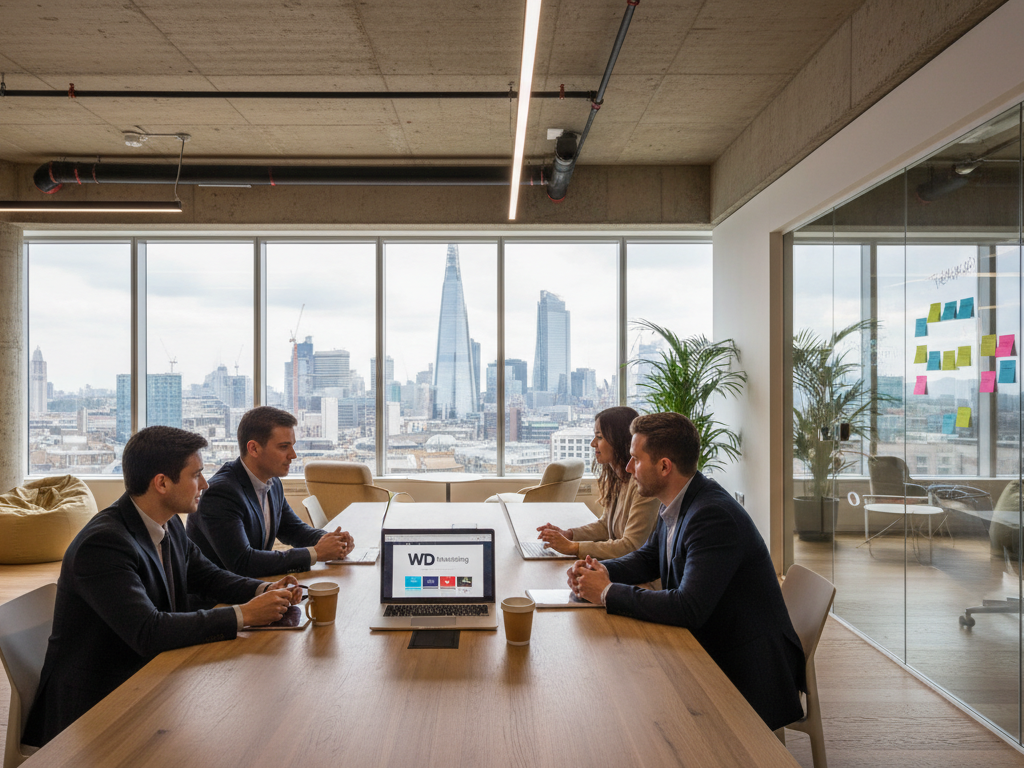A modern web design agency in London, showcasing a vibrant office space filled with creativity. In the foreground, a diverse team of four professionals in smart business attire collaborates around a large table, examining sleek website design mockups on laptops and tablets. The middle ground features a large whiteboard filled with colorful sticky notes and wireframes, illustrating the design process. The background shows large windows with a glimpse of London's iconic skyline, bathing the room in natural light. The atmosphere is dynamic and energetic, conveying innovation and teamwork. Include the brand name "WD Marketing" on one of the screens, capturing the essence of a thriving web design agency. Use a wide-angle lens to emphasize the spaciousness and modernity of the workspace. A modern web design agency in London, showcasing a vibrant office space filled with creativity. In the foreground, a diverse team of four professionals in smart business attire collaborates around a large table, examining sleek website design mockups on laptops and tablets. The middle ground features a large whiteboard filled with colorful sticky notes and wireframes, illustrating the design process. The background shows large windows with a glimpse of London's iconic skyline, bathing the room in natural light. The atmosphere is dynamic and energetic, conveying innovation and teamwork. Include the brand name "WD Marketing" on one of the screens, capturing the essence of a thriving web design agency. Use a wide-angle lens to emphasize the spaciousness and modernity of the workspace.