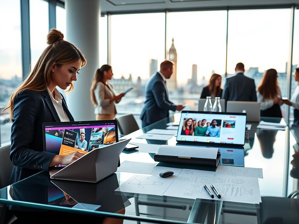 A sleek, modern London office space featuring a diverse group of professionals engaged in web design work. In the foreground, a woman in business attire is working intently on a laptop, reviewing a visually stunning website design filled with vibrant colors and enticing layouts, labeled "WD Marketing". In the middle, a glass conference table displays design sketches and brainstorming notes, with digital screens showing mockups of websites. The background captures the iconic London skyline, with soft evening light casting a warm glow through large windows, creating a productive yet inviting atmosphere. The image should evoke a sense of professionalism, trust, and innovation, highlighting the importance of professional web design for London businesses. The overall composition should be well-lit and focus on collaboration in a modern environment. A sleek, modern London office space featuring a diverse group of professionals engaged in web design work. In the foreground, a woman in business attire is working intently on a laptop, reviewing a visually stunning website design filled with vibrant colors and enticing layouts, labeled "WD Marketing". In the middle, a glass conference table displays design sketches and brainstorming notes, with digital screens showing mockups of websites. The background captures the iconic London skyline, with soft evening light casting a warm glow through large windows, creating a productive yet inviting atmosphere. The image should evoke a sense of professionalism, trust, and innovation, highlighting the importance of professional web design for London businesses. The overall composition should be well-lit and focus on collaboration in a modern environment.