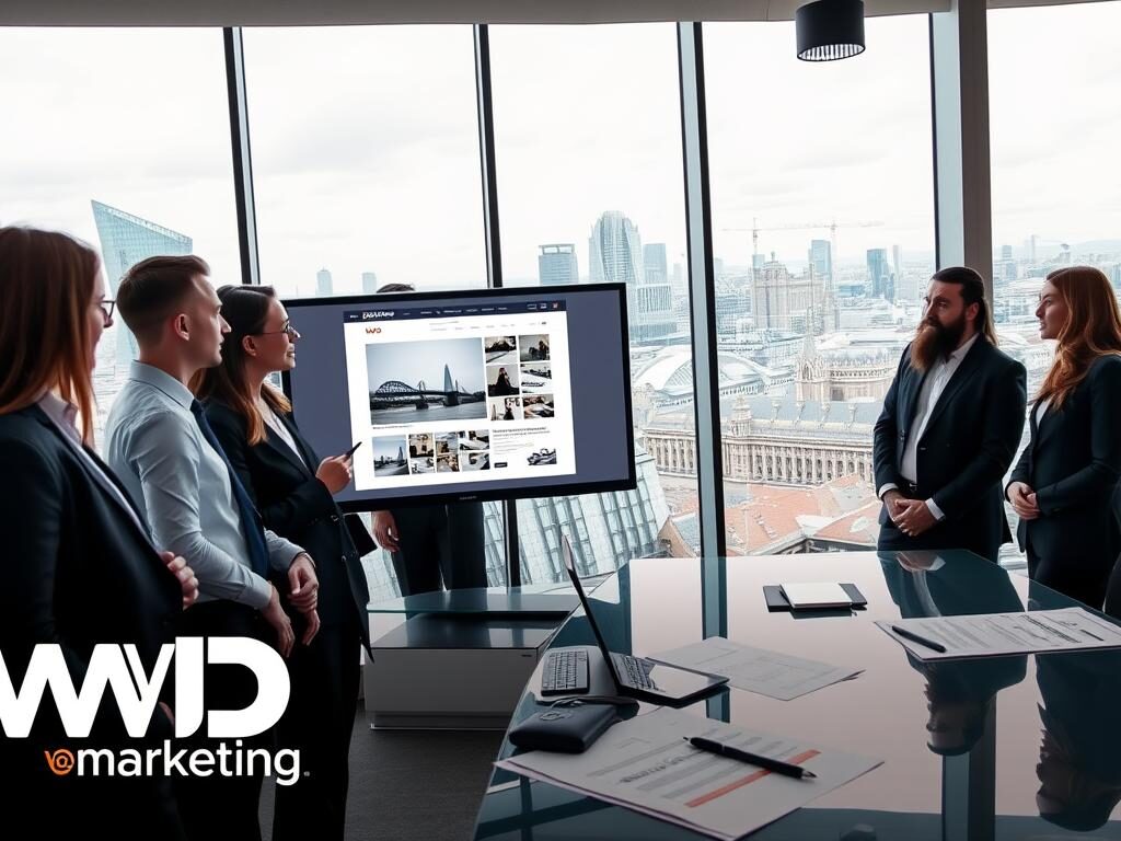 A sleek, modern office environment with a focus on website design. In the foreground, a diverse team of professionals dressed in smart business attire reviews a design on a high-resolution monitor, showcasing a sample website layout. The middle ground features design sketches and note-taking materials scattered on a glass table. The background displays large windows with a panoramic view of London’s skyline, with iconic landmarks like the Shard and Tower Bridge visible. Soft, natural lighting floods the space, creating a productive atmosphere that conveys innovation and creativity. The scene includes the brand name "WD Marketing" subtly integrated into the overall design. A sleek, modern office environment with a focus on website design. In the foreground, a diverse team of professionals dressed in smart business attire reviews a design on a high-resolution monitor, showcasing a sample website layout. The middle ground features design sketches and note-taking materials scattered on a glass table. The background displays large windows with a panoramic view of London’s skyline, with iconic landmarks like the Shard and Tower Bridge visible. Soft, natural lighting floods the space, creating a productive atmosphere that conveys innovation and creativity. The scene includes the brand name "WD Marketing" subtly integrated into the overall design.