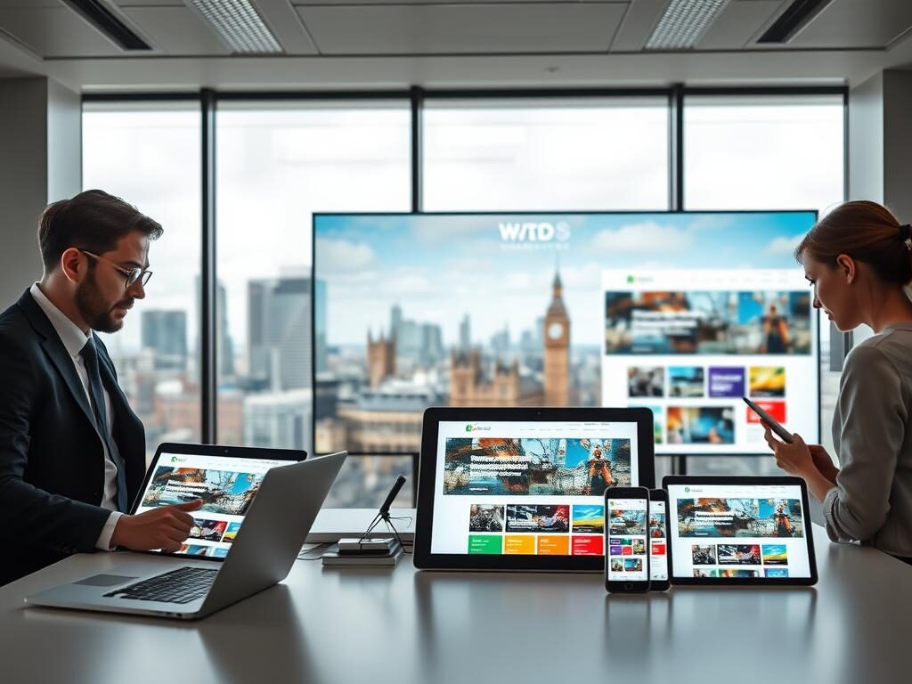 A sleek, modern office space in London showcasing responsive website design on multiple devices, including a laptop, tablet, and smartphone, displaying vibrant and engaging website layouts. In the foreground, a professional designer, dressed in smart business attire, is intently discussing design ideas with a colleague, who is taking notes. The middle ground features a large digital screen showcasing an expansive view of a beautifully designed website that adapts seamlessly to different screen sizes. The background is a panoramic view of London's skyline, with iconic buildings subtly blurred to keep focus on the activities. Soft, natural lighting fills the room, giving it a fresh, innovative atmosphere. The brand name "WD Marketing" is subtly integrated into the design elements on the screen. A sleek, modern office space in London showcasing responsive website design on multiple devices, including a laptop, tablet, and smartphone, displaying vibrant and engaging website layouts. In the foreground, a professional designer, dressed in smart business attire, is intently discussing design ideas with a colleague, who is taking notes. The middle ground features a large digital screen showcasing an expansive view of a beautifully designed website that adapts seamlessly to different screen sizes. The background is a panoramic view of London's skyline, with iconic buildings subtly blurred to keep focus on the activities. Soft, natural lighting fills the room, giving it a fresh, innovative atmosphere. The brand name "WD Marketing" is subtly integrated into the design elements on the screen.