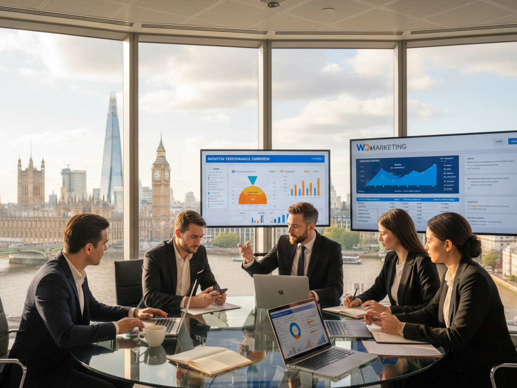 A vibrant London cityscape showcasing the iconic skyline, featuring the Shard and Big Ben in the background. In the foreground, a diverse group of professionals in business attire are engaged in a brainstorming session around a modern glass table, analyzing Google Ads data on digital devices. The mood is energetic and focused, illuminated by warm, natural lighting streaming through large windows. The setting reflects a stylish tech office, with elements like charts and graphs subtly displayed on screens. Include a subtle branding element for "WD Marketing" in the background, ensuring it looks corporate and professional. The image should convey the dynamics of a PPC agency in London successfully driving leads and sales through Google Ads.
