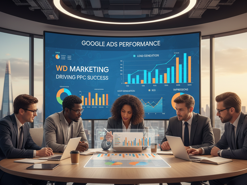 A vibrant, modern office setting in London showcasing a group of diverse professionals analyzing Google Ads data on sleek laptops and digital displays. In the foreground, a multi-ethnic team, dressed in smart business attire, passionately discussing strategies with charts and graphs illuminating their screens. The middle ground features a large digital board displaying dynamic Google Ads metrics, with charts highlighting lead generation success and analytics in a colorful, engaging design. The background captures a stylish view of London’s skyline through large windows, with iconic landmarks subtly visible, adding context. The lighting is bright and inviting, with warm tones to convey a sense of collaboration and innovation. The scene should feel energetic yet focused, emphasizing the role of the agency, "WD Marketing," in driving successful PPC campaigns.